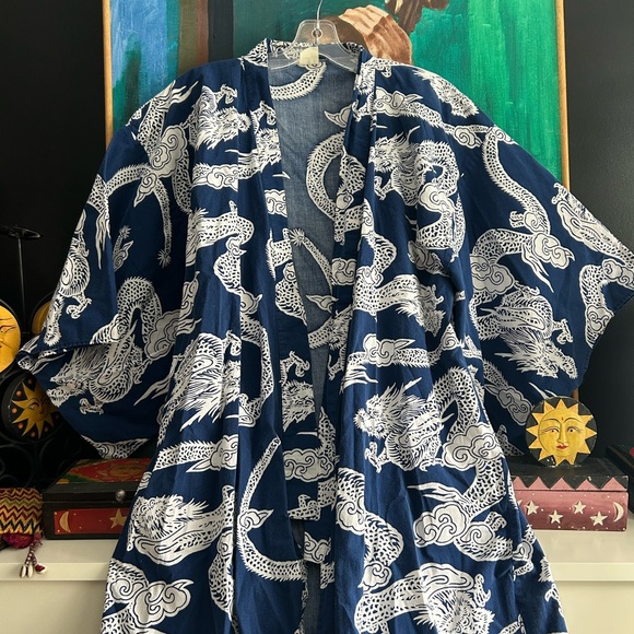 Vintage 70s Dragon Print Belted Kimono Robe OS Unisex Full Length Navy Cotton - Picture 10 of 12